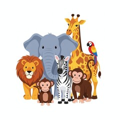 Fototapeta premium Cute cartoon animals celebrating together outdoors.