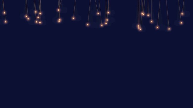 Glowing string lights hanging against dark blue background festive illumination for celebrations events holidays weddings party atmosphere warm golden soft glow.