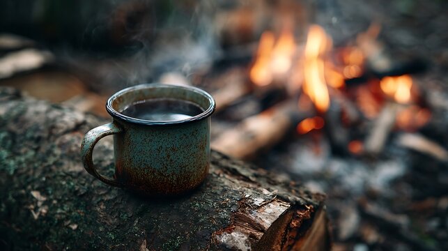 A steaming metal mug of hot coffee rests on a log beside a glowing campfire. Represents cozy adventure and wilderness camping lifestyle.