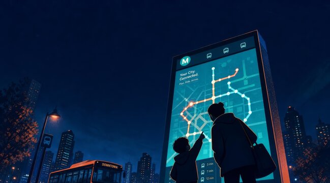 Parent and child silhouette looking at glowing transit map