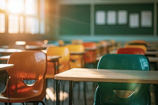 Empty classroom bathed in warm sunlight, rows of colorful chairs and desks