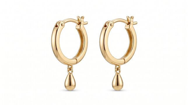 Elegant gold hoop earrings with teardrop charms, minimalist yellow gold jewelry for women, classic metal drop earring set isolated PNG with Transparent Background