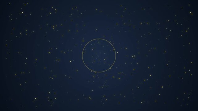 Star cluster gathering inside glowing golden circular frame in deep space night sky animation represent cosmic expansion phenomenon visual effect motion graphic.