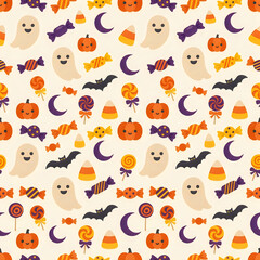 Fototapeta premium Halloween-themed icons set with pumpkins, bats, ghosts, and candy lollipops in vibrant colors