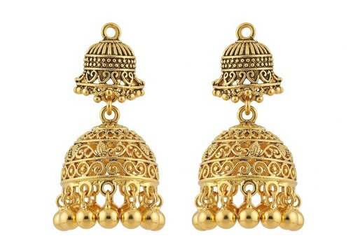 Intricate gold-colored jhumka earrings with bells isolated on white background