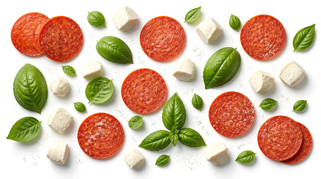 Pepperoni Slices Fresh Basil Leaves and Mozzarella Cheese Cubes