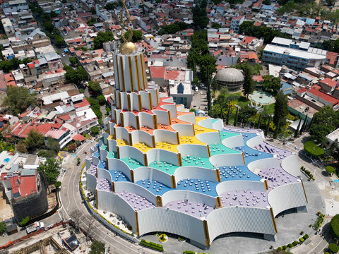 Guadalajara, Mexico - May 23 2026: Stunning drone shot capturing the vibrant La Luz del Mundo temple in Guadalajara. Modern religious architecture with unique colorful tiers.