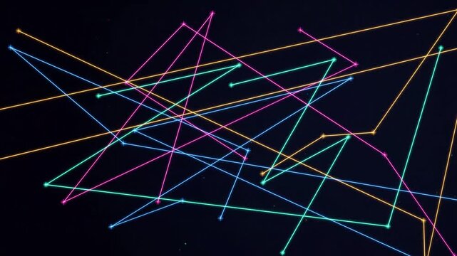 Abstract neon constellation lines moving across dark space background cinematic motion graphic loop representing connectivity technology networking digital data flow.