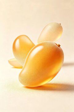 Abstract 3d art of overlapping glowing translucent mango fruits on warm light beige background shows modern tropical fruit decorative design
