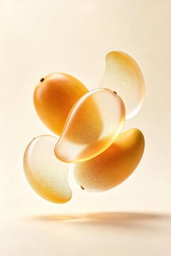Abstract modern 3d art of overlapping glowing translucent mango shapes in warm golden yellow tones against plain light beige background for decorative design