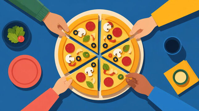 People sharing pizza slices on a bright blue table background