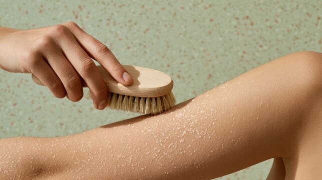 A hand using a wooden brush to exfoliate skin on a leg with white granules