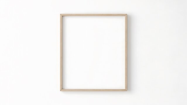 Wooden picture frame with blank white space hangs centered against a light wall.