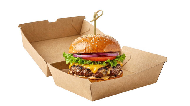 Fresh beef burger with cheese and vegetables in a cardboard box isolated on transparent background