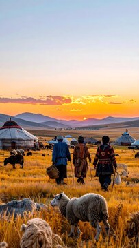 Nomadic Mongolians with sheep at sunset in the vast Mongolian steppe.