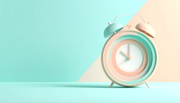 Pastel alarm clock on a split mint and peach background.
