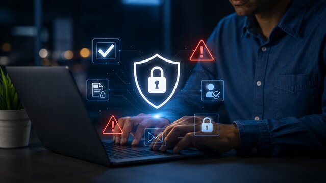 Cybersecurity Risk Management and Data Protection Concept with Security Shield and Threat Monitoring System