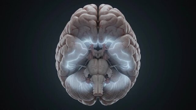 3D human brain model with detailed anatomy and neural pathways in high-resolution grayscale