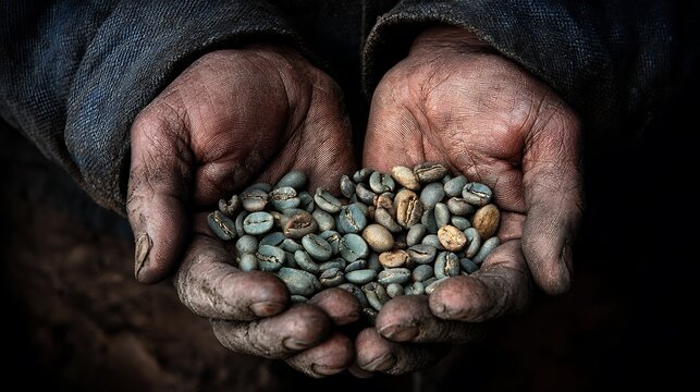 Dirty farmer hands holding raw unroasted green coffee beans under dramatic lighting. Perfect for themes of agricultural labor, poverty, and fair trade coffee industry concepts.