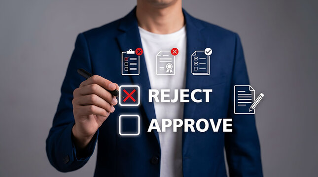 Businessman choosing reject option on virtual screen for document checklist audit