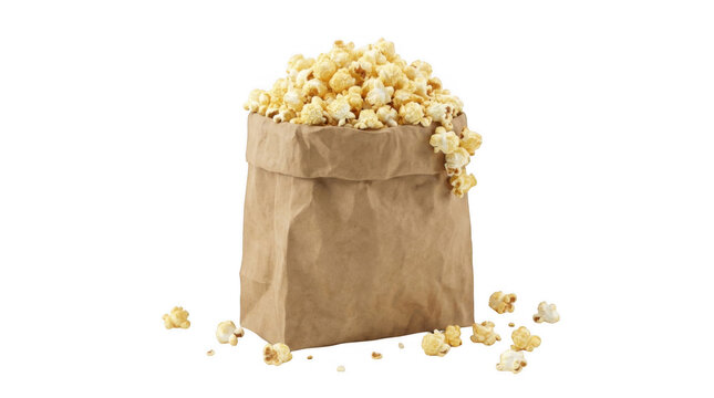 Fresh salty popcorn inside a brown paper bag for movie night snacking isolated on transparent background