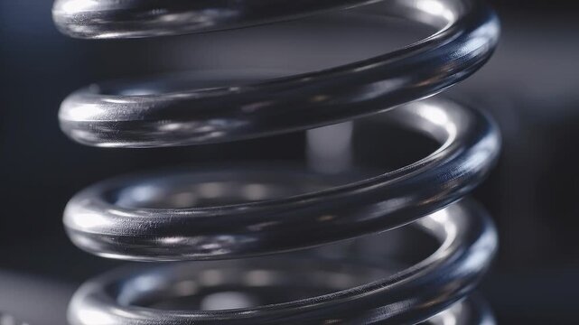 Close up macro detail of a heavy duty polished industrial metal coil spring used for mechanical engineering and automotive suspension systems