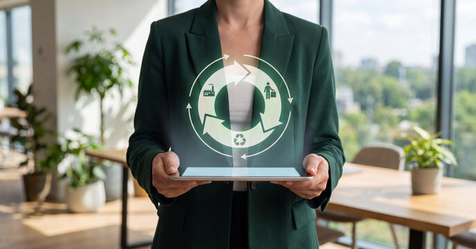 Businesswoman holding tablet with circular economy recycling hologram icon