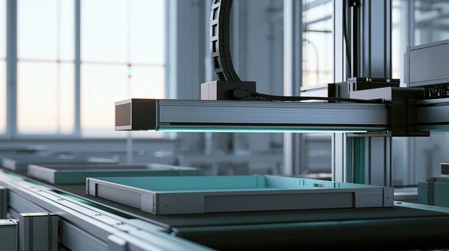 A slim sensor bar mounted on a gantry above a slow-moving in a balanced contemporary composition, modern technology and digital innovation concept