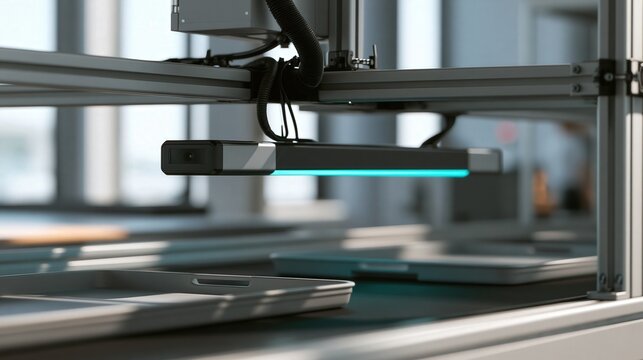 A slim sensor bar mounted on a gantry above a slow-moving from a distinctive cinematic perspective, modern technology and digital innovation concept