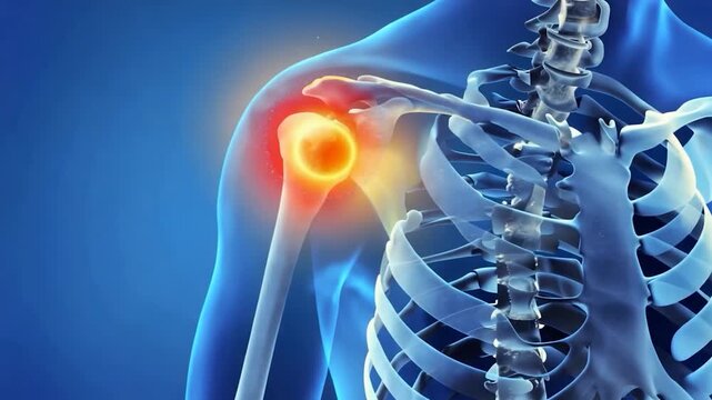 Anatomical shoulder illustration with glowing inflammation around the joint highlighting humerus scapula and surrounding tissues for orthopedic pain arthritis injury diagnosis rehabilitation treatment