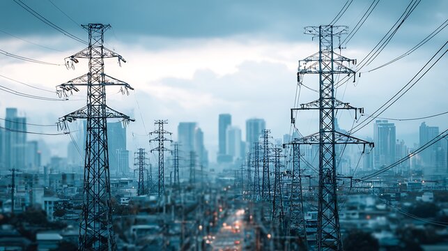 High voltage electricity pylons stand over a sprawling urban cityscape at dusk. This image represents modern city infrastructure and national energy distribution networks.