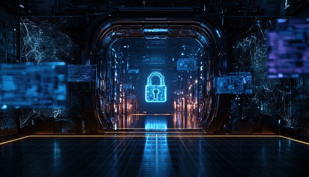 Futuristic digital corridor with illuminated padlock and holographic data displays