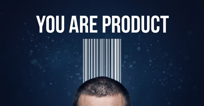 Barcode printed above a human head symbolizing consumerism and personal identity metaphor with bold white typography on a dark blue textured background for marketing campaigns