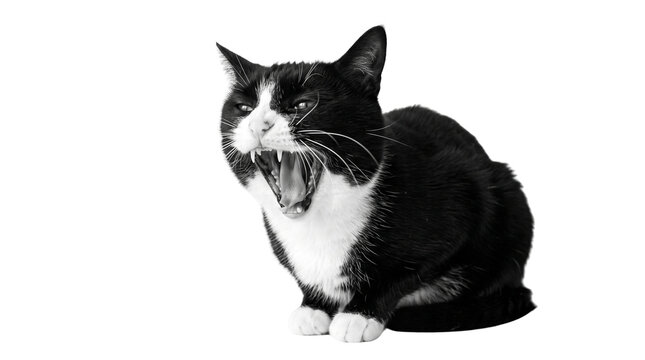 Hissing black and white tuxedo cat, aggressive feline showing teeth and fangs, angry domestic cat growling with open mouth isolated PNG with Transparent Background