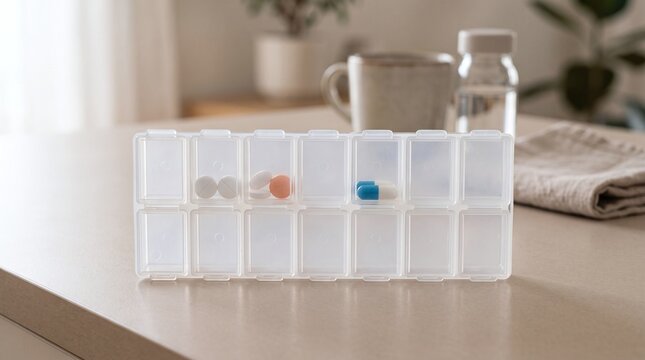 Pill organizer with medication on table