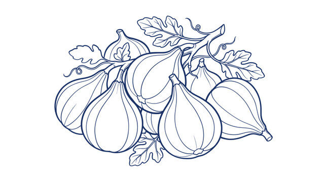 Vintage fig fruit line art illustration, botanical sketch of fresh figs with leaves, hand drawn blue ink style vector for food packaging