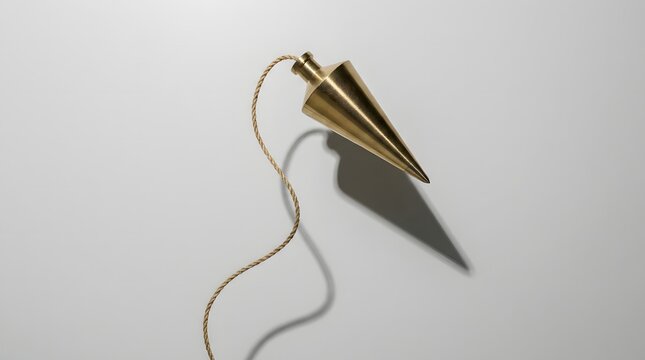 Brass plumb bob hanging from a string casting a sharp shadow providing a minimalist conceptual graphic for structural precision and alignment