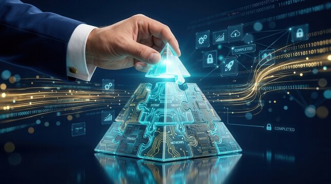 A businessman hand completing a glowing technological puzzle pyramid for digital business strategy.