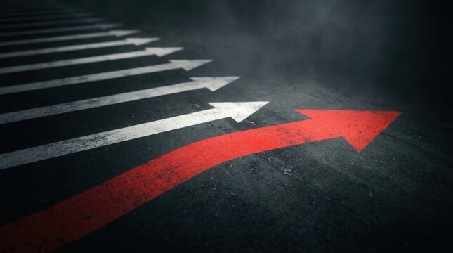 A bold red arrow defies conformity by charting a new course forward amidst white arrows.