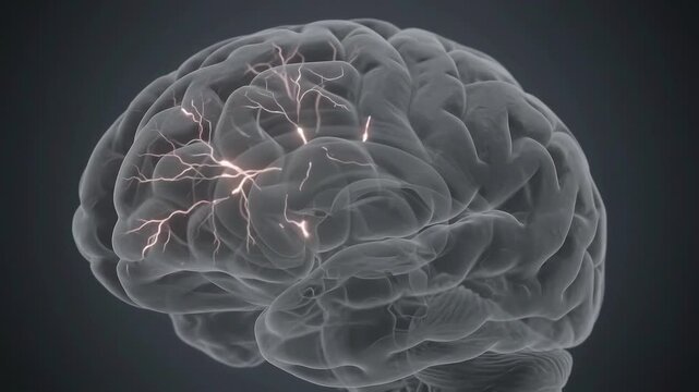 3D human brain model with glowing neural pathways for medical and educational use