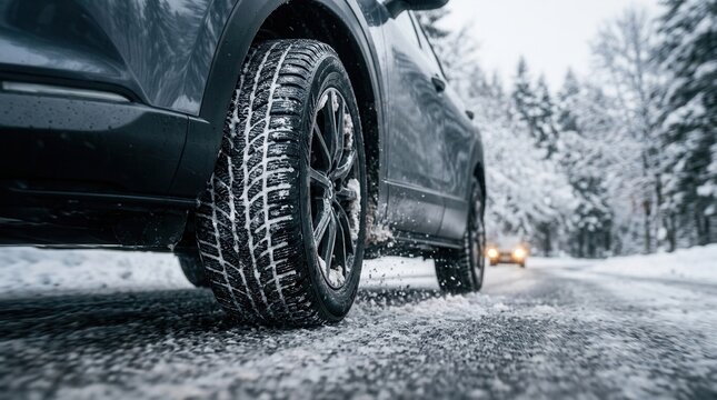 A car navigating through a snowy landscape with tires gripping the icy road.