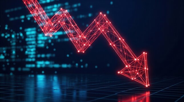 A digital arrow in a striking red hue plunges downward in a financial downturn.