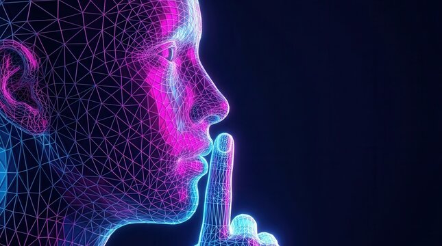 A digital face illuminated by vibrant neon hues with a finger pressing against the lips.