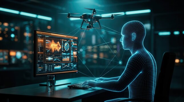 A drone hovers near a person analyzing complex data on a glowing computer screen in a dimly lit room.