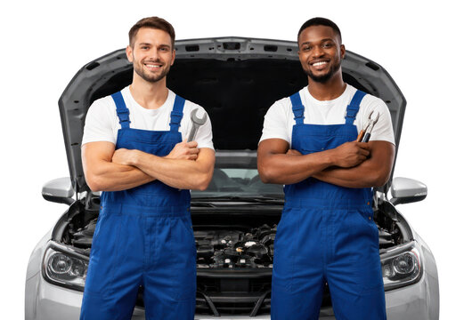 PNG Mechanics with tools standing by open car hood