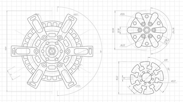 Technical drawing of gears .Rotating mechanism of round parts .Machine technology.