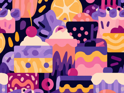Abstract illustration colorful cake dessert pattern sweet food pastry background layered cake frosting candy color flat design playful texture