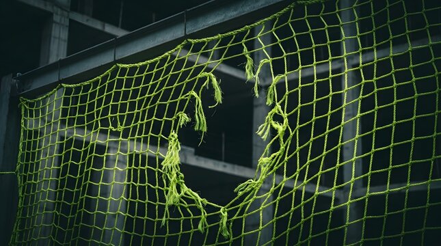 Torn green safety net on an unfinished concrete building site acting as a conceptual background for construction safety hazards and urban decay articles