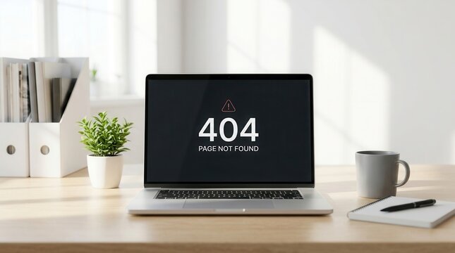 A laptop on a wooden desk displaying a 404 error page not found message.