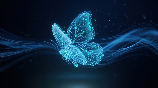 A mesmerizing digital butterfly takes flight against a dark dynamic backdrop.
